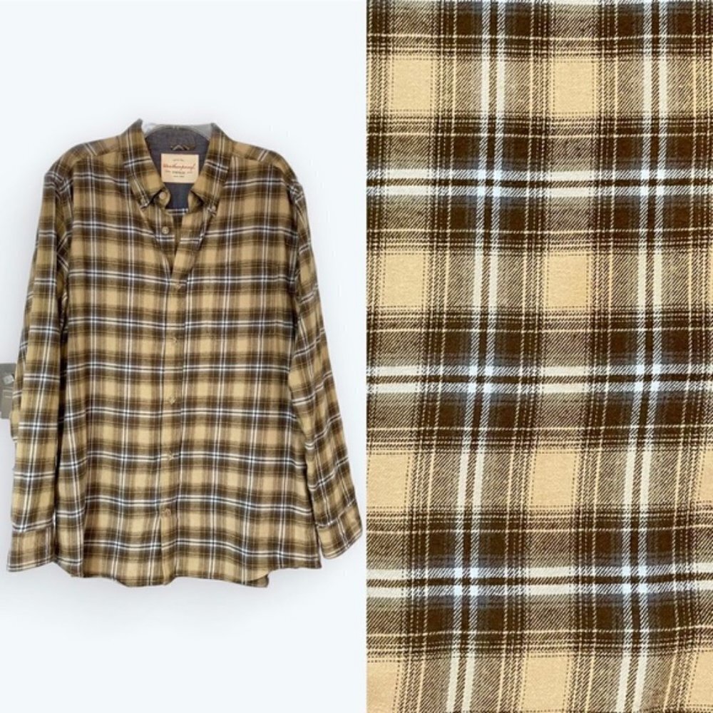 Weatherproof Vintage Brown Plaid Long Sleeve Flannel Button Down Shirt, Large